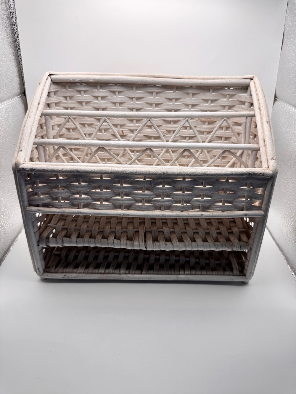 White Wicker Rattan Desk Top Organizer Office Mail Sorter Sturdy Letter Holder